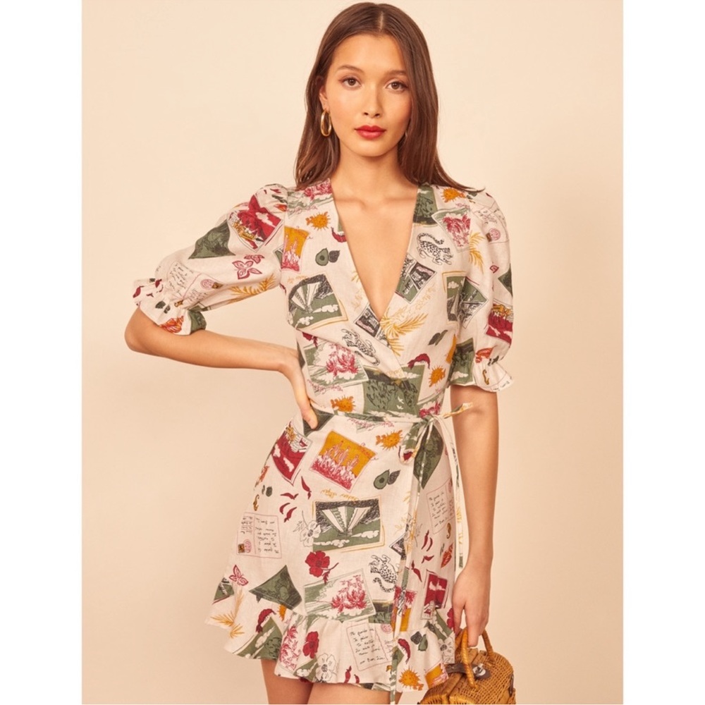 Reformation Carmelo Linen Wrap Mini Dress in Vacaciones Size XS